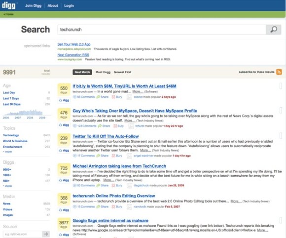 Upcoming Digg Search (via TechCrunch)